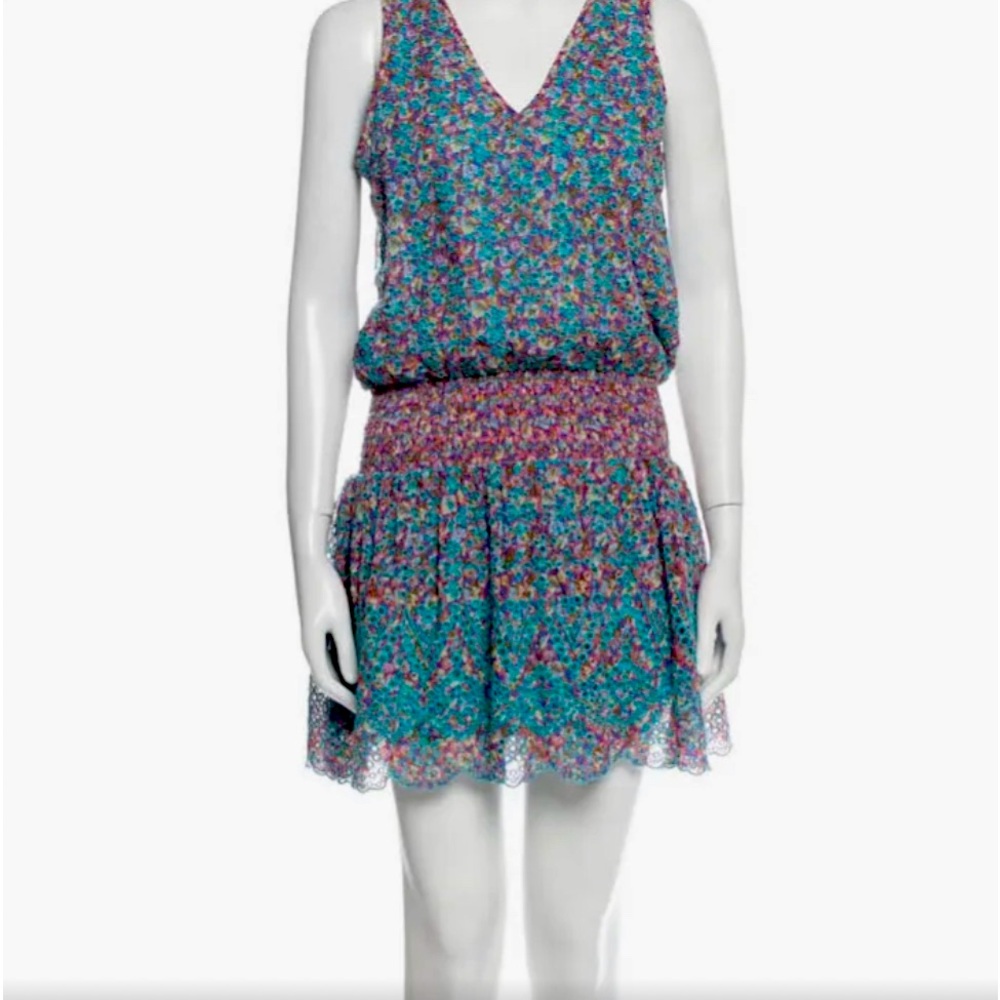 Ramy Brook Dorris Mini Dress Teal Blue multi color with eyelet embroidery